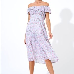 Oliphant ruffle neck midi dress aqua off shoulder